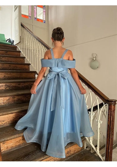 Kız Çocuk Uzun Mavi Askılı Şifon Abiye Elbise 10-14 Yaş Mavi