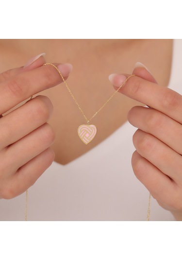 925 Ayar Gümüş Pembe Mineli Spiral Kalp Kolye Altın