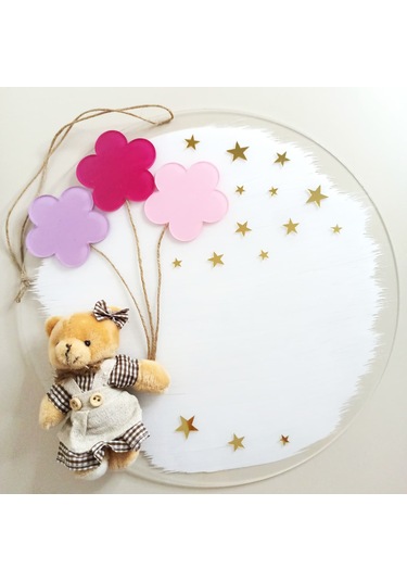 Kişiye Özel İsimli Ayıcıklı Kız Bebek Kapı Süsü Beyaz - Pembe