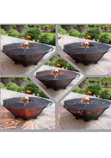 Oktagon Ateş Çukuru Izgaralı Sekizgen Barbekü Bahçenize Dekoratif Siyah