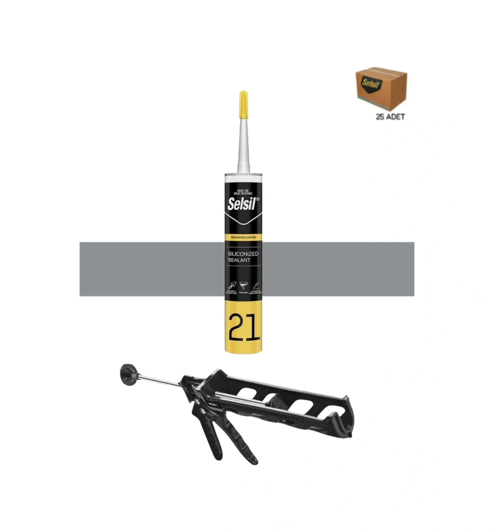 Selsil Silikonize Mastik 500 Gr Gri 25 Adet , Plastik Tabanca Gri