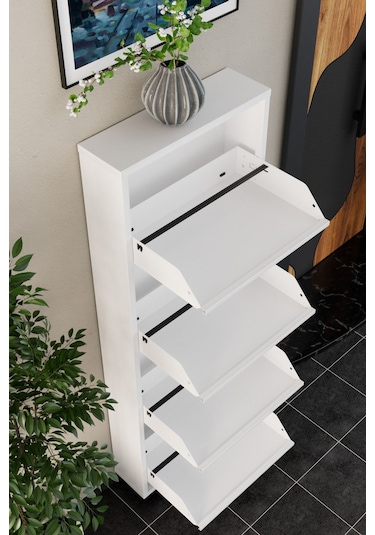 4 Kapaklı Metal Ayakkabılık Beyaz Beyaz