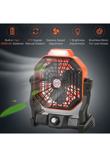 Geeksen Taşınabilir Şarj Edilebilir 270 Döner Kamp Feneri Ve Fanı - Işık Ayarlı, Çok Amaçlı Kullanım Turuncu
