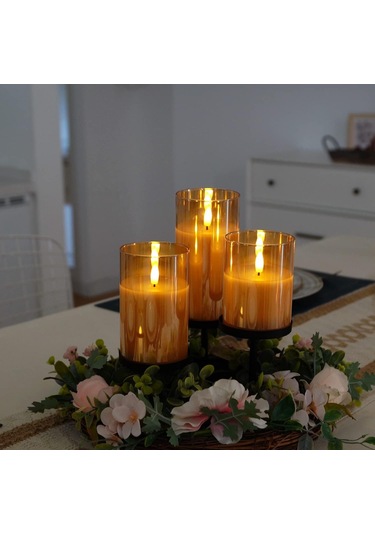 Yunboo Ev Ve Düğün İçin Uzaktan Kumandalı Cam Mum Lambası - Ateşsiz, 10 Tuşlu, Saf Beyaz 3'lü Set Kumanda Dahil