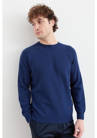Erkek Sıfır Yaka Basic Yün Kazak İndigo İndigo