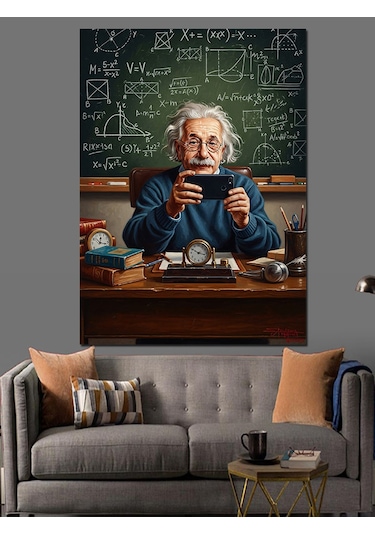 Ahşap Tablo Tabletle Uğraşan Bilgin Albert Einstein
