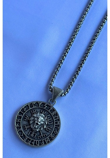 Aslanlı Vegvisir Pusula El İşçiliği Paslanmaz Çelik Zincir Erkek Kolye Gümüş