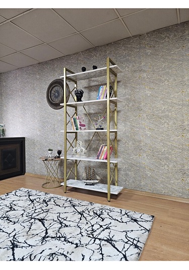 Çıkıntılı Gold Boyalı Kitaplık - 5 Raflı Suntalem Lüks Kitaplık B Çok Renkli