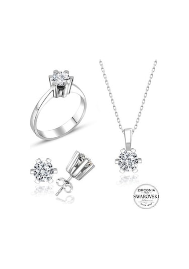 Sertifikalı Swarovski Tektaş Özel Tasarım 925 Gümüş Set Takım