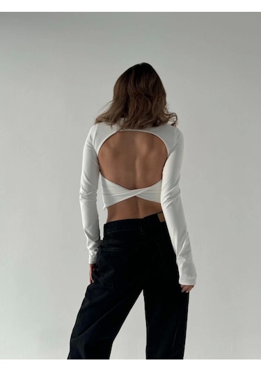 Nnstartshopping Sırt Dekoltelı Uzun Kollu Crop - Beyaz BEYAZ Beyaz