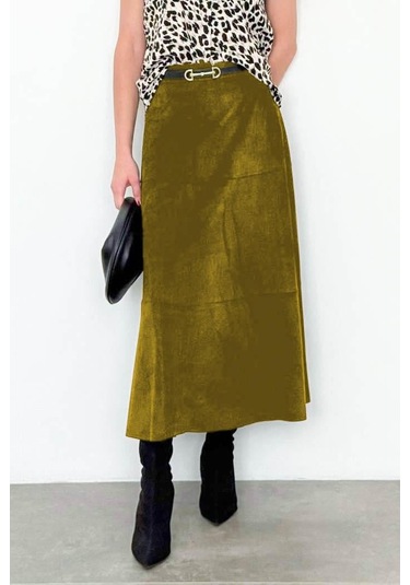 Yağ Yeşili Süet Uzun Etek Mg2549 Yağ Yeşili