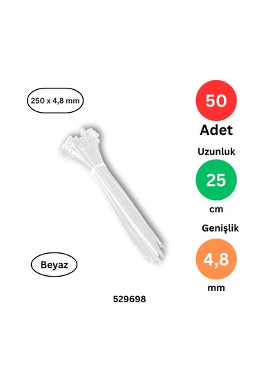 Plastik Kablo Bağı Klipsi Cırt Kelepçe 250 X 4.8 Beyaz 50 Adet Beyaz