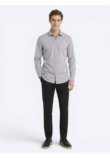 Kip Gri Regular Fit Uzun Dokuma Casual Pamuk Karışımlı Gömlek