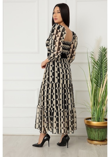 Kalopya Bayan Göğüs Büzgülü Şifon Elbise 9027 Ekru