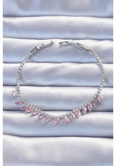 Pirinç Vip Seri Gümüş Renk Pembe Zirkon Taşlı Bileklik - Tj-bb6326