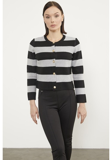 Çizgili Kısa Triko Hırka - Siyah 001