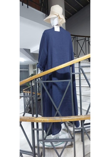 İtalyan V Yaka Uzun Kol Keten Elbise-8907 Lacivert