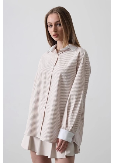 Defymoda Çizgili Oversize Gömlek - Bej Bej
