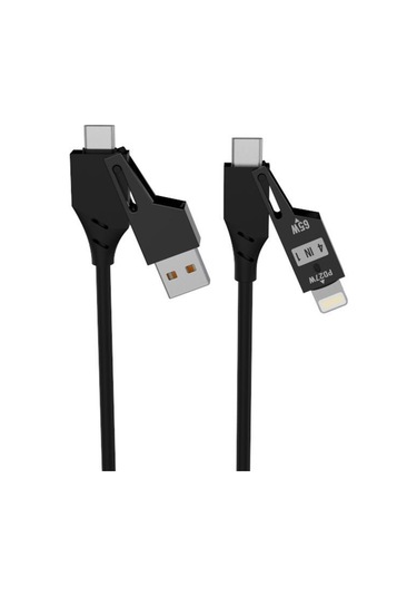 Torima U110 Siyah 4'ü 1 Arada Type-C Lightning Usb-A 65 W Super Hızlı Akordiyonlu Şarj Kablosu