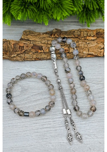 Beyaz Akik Tesbih Ve Bileklik Erkek Doğal Taş Set Bt052 Beyaz - Siyah