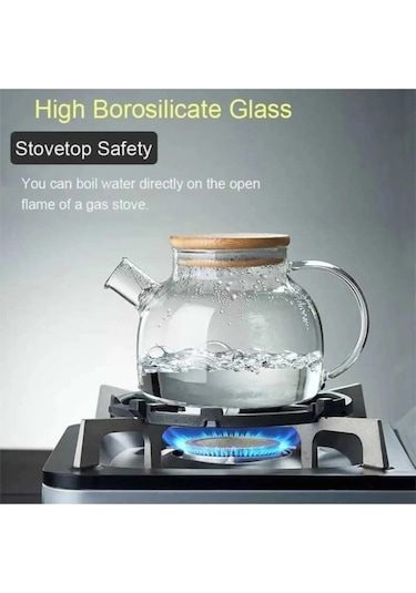Toptanfoni 1000 Ml Bambu Kapaklı Isıya Dayanıklı Cam Bitki Çayı Demliği Cam Sürahi Şeffaf