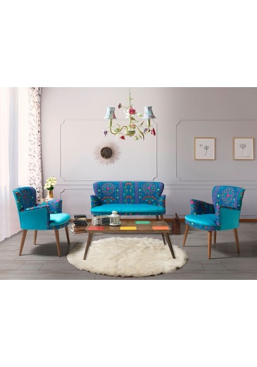 Mobilyabazari Etnik Desen Turkuaz 2+1+1+Sehpalı Çay Seti