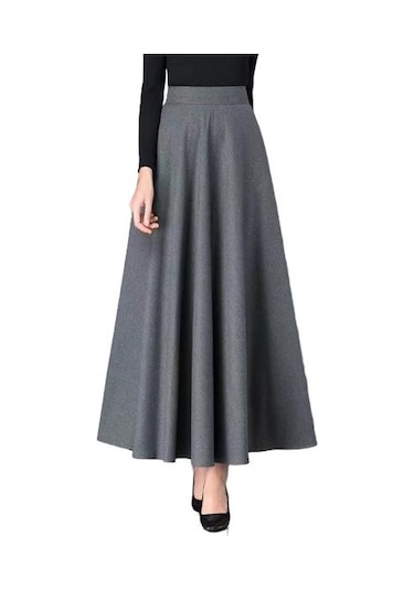 Kadın Maxi Etek Elastik Yüksek Bel Büyük Etek A Kesim Uzun Etek Cepli Düz Renk Ofis Gri