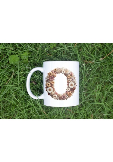 O Harfi Çiçek Desenli Kupa Bardak - Alfabe Harfleri İle Doğal Çiçekli Kupa - Hediye Fikir Beyaz