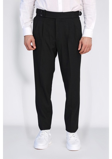 Siyah Çift Pileli Tokalı Yüksek Bel Slim Fit Pantolon Wessi Siyah