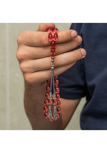 Gümüş Püsküllü Ateş Kehribar Tesbih Sl12592 Gümüş