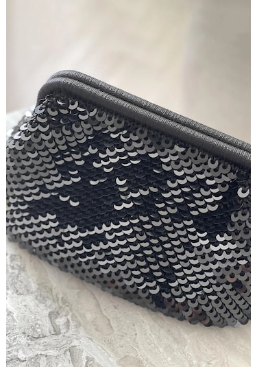 El Yapımı Siyah Pullu Parlak Örgü El Çantası Siyah