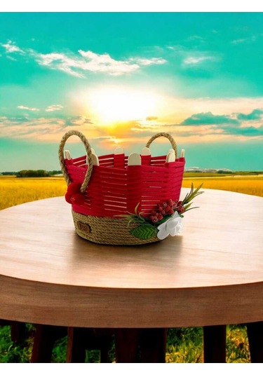 Komodin Üstü Düzenleyici Hasır Sepet Takı Organizer Makyaj Kutusu Banyo Sepeti Kırmızı