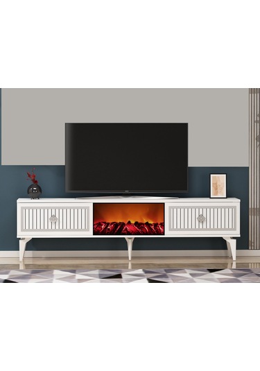 Nil Şömineli Tv Sehpası Beyaz-gümüş