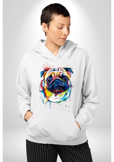 Sulu Boya Pug Köpek Kadın Erkek Beyaz Kapüşonlu Sweatshirt Hoodie Beyaz