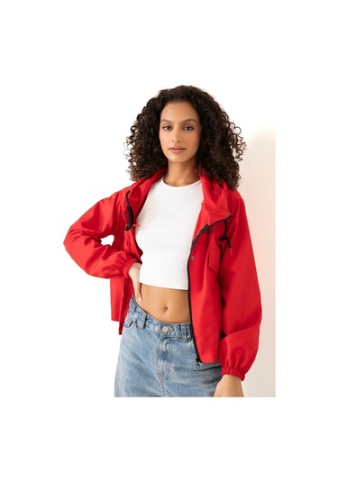 Riverstorm Kadın Kırmızı Su Geçirmez Ve Rüzgara Dayanıklı Kapüşonlu Cepli Çıt Çıtlı Mevsimlik Yağmurluk Kırmızı