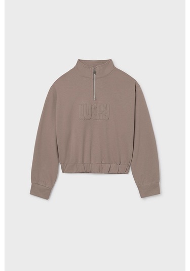 Kız Çocuk Yarım Fermuarlı Kabartma Yazılı Sweatshirt - Vizon Kahverengi