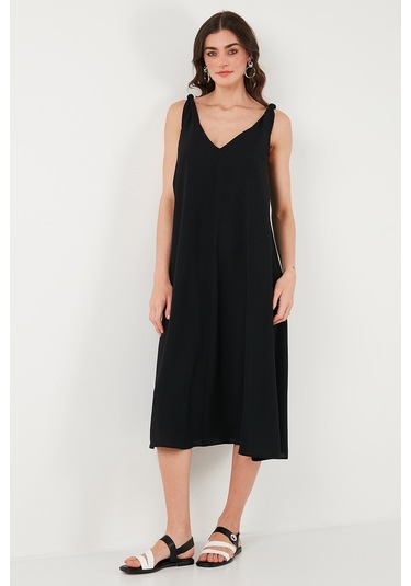 Lela Oversize Fit V Yaka Midi Boy Basic Bayan Elbise 6788688 Siyah