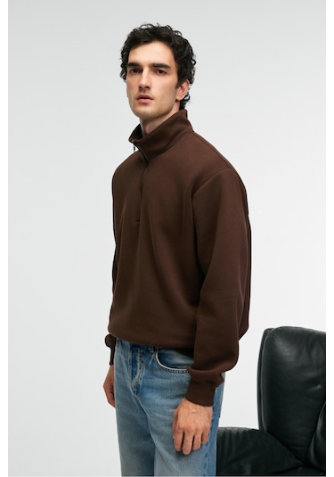 BAXTER Erkek Dik Yakalı Fermuarlı Relaxed Kahverengi Sweatshirt