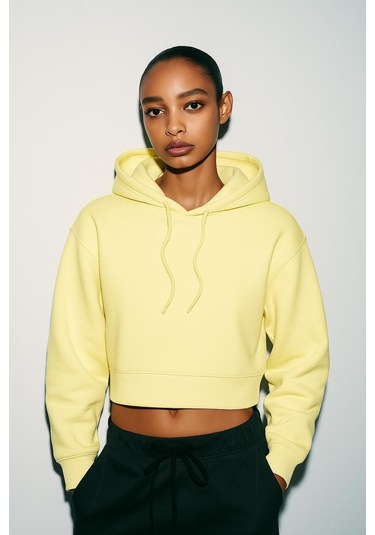 Üç İplik Kapüşonlu Crop Sweat Sarı