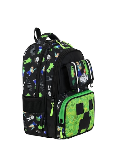 Minecraft Beslenme Çantalı Kalemlikli Okul Çantası Siyah Siyah Siyah