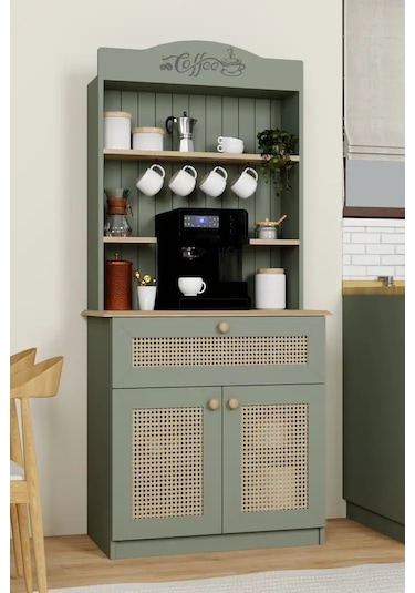 Lucas 2 Kapaklı Çekmeceli Pvc Hasır Desen Kahve Köşesi & Çok Amaçlı Mutfak Dolabı-açık Ceviz & Yeşil Yeşil