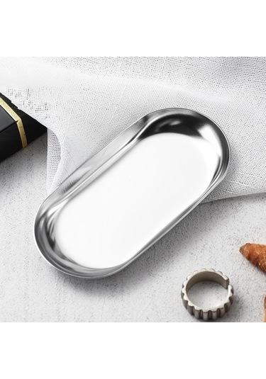 Paslanmaz Çelik Manikür Takı Saklama Tepsisi Metal Kozmetik Saklama Oval Pasta Meyve Tatlı Tepsisi Atıştırmalık Tabağı Mutfak Düzenleyici Gümüş