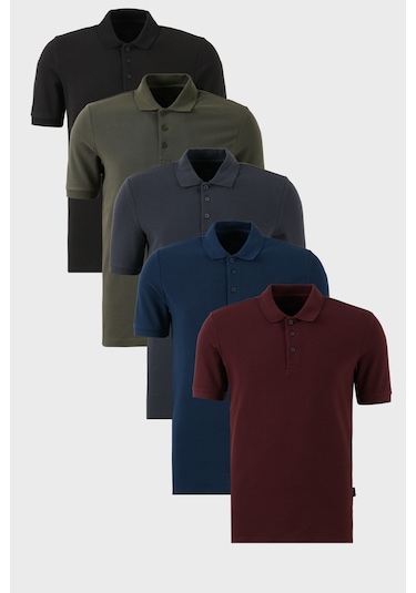 Buratti Pamuklu Regular Fit Düğmeli Polo Yaka 5'Li Paket Erkek T Shirt 5902127S5 Siyah-Vişne-Antrasit-Haki-Indigo