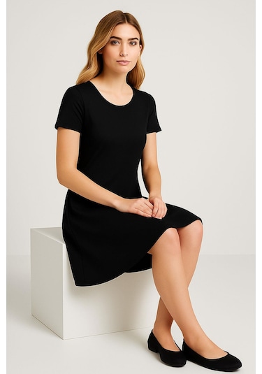 2 Adet Dökümlü Rahat Kalıp Günlük Penye Kumaş Elbise İndigo-siyah