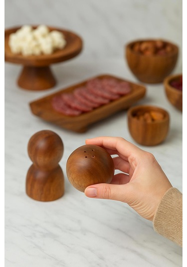 Akasya 2 Li Top Tuzluk Biberlik Seti - Şık Ve Doğal Kahverengi