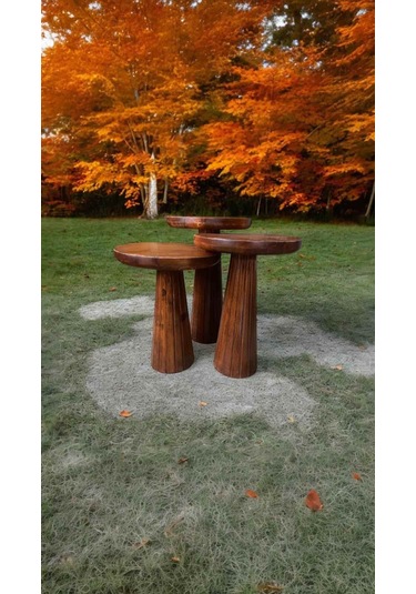 Rustik Tarz Ahşap Mantar Sehpa 3 Lü Set Fındık Masif Fiskos