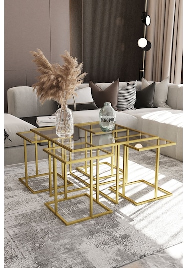 Dekoport Atlas 4+1 Kare Orta Sehpa Gold