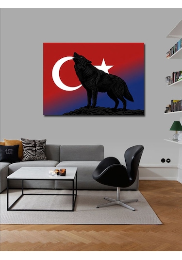 Kanvas Tablo Türk Bayrağı Ve Kurt Silüeti