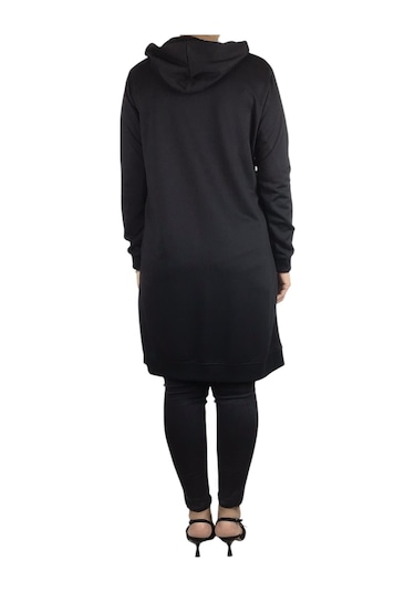 Kadın Kapşonlu Önü Fermuarlı Kanguru Cepli Kristal Kumaş Ceket Siyah