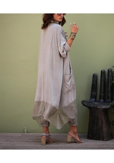 Italyan Ipek Detaylı Oversize Kaftan & Bluz-8711 Vizon
